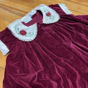 VTG Burgundy Velvet Dress with Embroidered Satin Collar and Satin Diaper Cover
